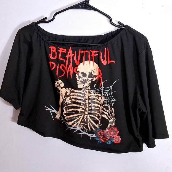 Romwe Beautiful Disaster Skeleton Graphic Off Shoulder Crop Top Black Large - Picture 2 of 7